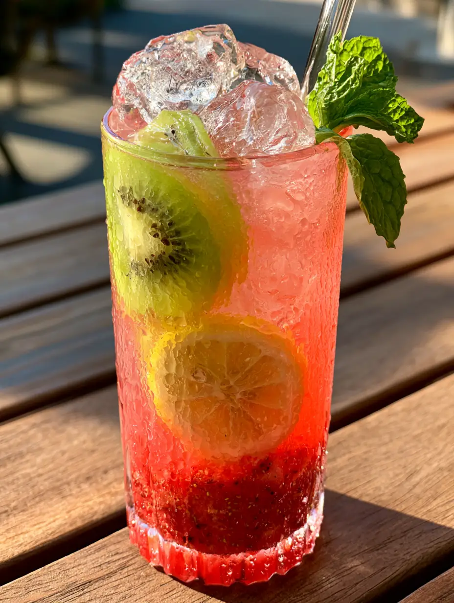 Strawberry-Kiwi Lemonade: The Ultimate Refreshing Summer Drink 3 Close up of Strawberry-Kiwi Lemonade showing thick condensation, artisanal ice cubes, and translucent kiwi slices. (Strawberry-Kiwi Lemonade)