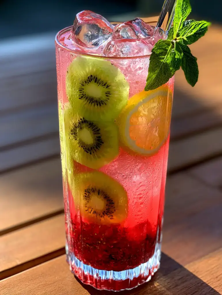 Strawberry-Kiwi Lemonade: The Ultimate Refreshing Summer Drink 1 Artisanal Strawberry-Kiwi Lemonade on a wooden table with golden hour lighting casting soft shadows.