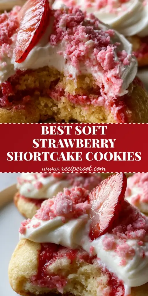 Strawberry Shortcake Cookies with Piped Cream Cheese Frosting 4 A close-up vertical shot of Strawberry Shortcake Cookies with thick cream cheese frosting and strawberry crunch topping.