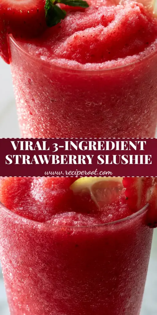 Frozen Strawberry Lemonade Slush: The Ultimate Creamy Summer Refresher 4 A tall, elegant ribbed glass filled with velvety Frozen Strawberry Lemonade Slush, garnished with a fresh strawberry, mint, and translucent lemon wheel on a marble background.
