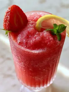 Extreme close-up of Frozen Strawberry Lemonade Slush showing micro-ice crystals, tiny seeds, and shimmering condensation on a ribbed glass.