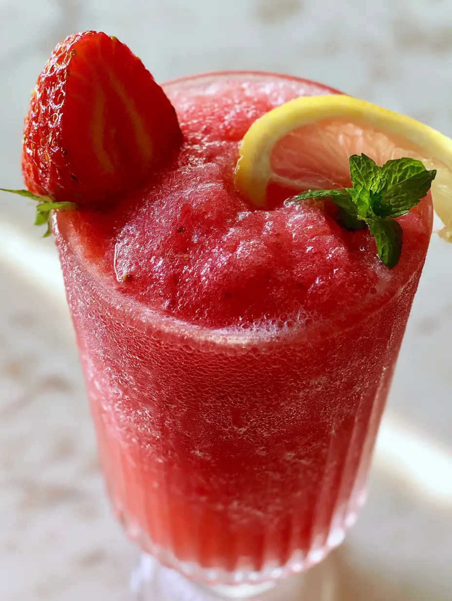Frozen Strawberry Lemonade Slush: The Ultimate Creamy Summer Refresher 3 Extreme close-up of Frozen Strawberry Lemonade Slush showing micro-ice crystals, tiny seeds, and shimmering condensation on a ribbed glass.