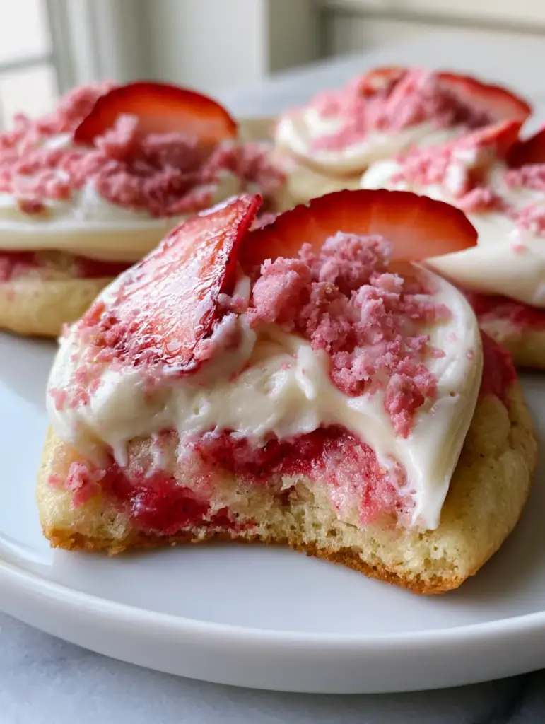 Strawberry Shortcake Cookies with Piped Cream Cheese Frosting 1 A handheld photo of a frosted Strawberry Shortcake Cookie with pink crunch and a fresh strawberry slice.