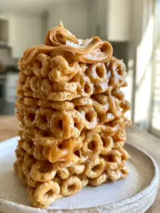 Macro photo of Peanut Butter Cheerio Bars showing sticky web-like strands of peanut butter and golden oat loops.