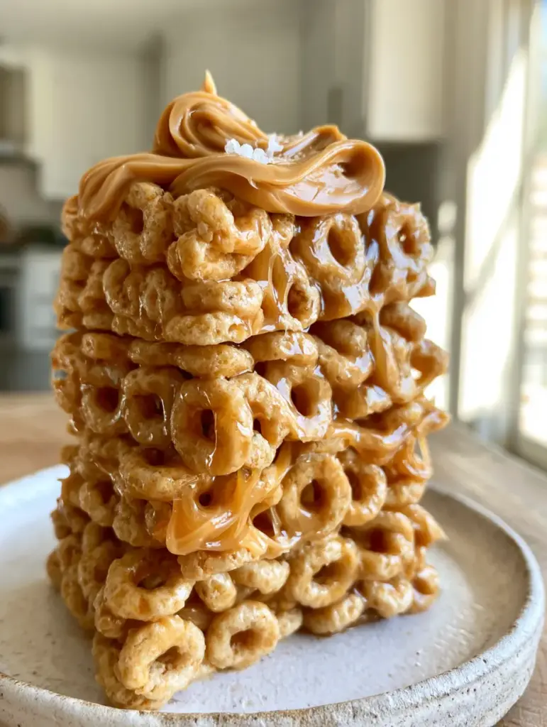 Peanut Butter Cheerio Bars: The Ultimate Thick and Chewy No-Bake Treat 2 Macro photo of Peanut Butter Cheerio Bars showing sticky web-like strands of peanut butter and golden oat loops.