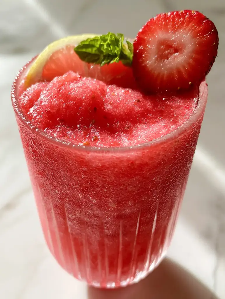 Frozen Strawberry Lemonade Slush: The Ultimate Creamy Summer Refresher 1 Eye-level shot of Frozen Strawberry Lemonade Slush in soft afternoon sunlight, highlighting the saturated fuchsia pink color and translucent lemon wheel garnish.
