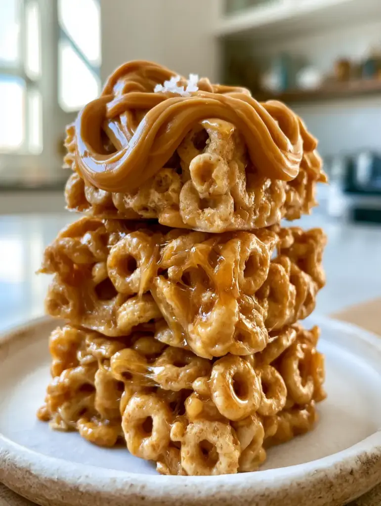 Peanut Butter Cheerio Bars: The Ultimate Thick and Chewy No-Bake Treat 1 Peanut Butter Cheerio Bars stacked on a rustic white ceramic plate with a blurred kitchen background and sunlight highlights.