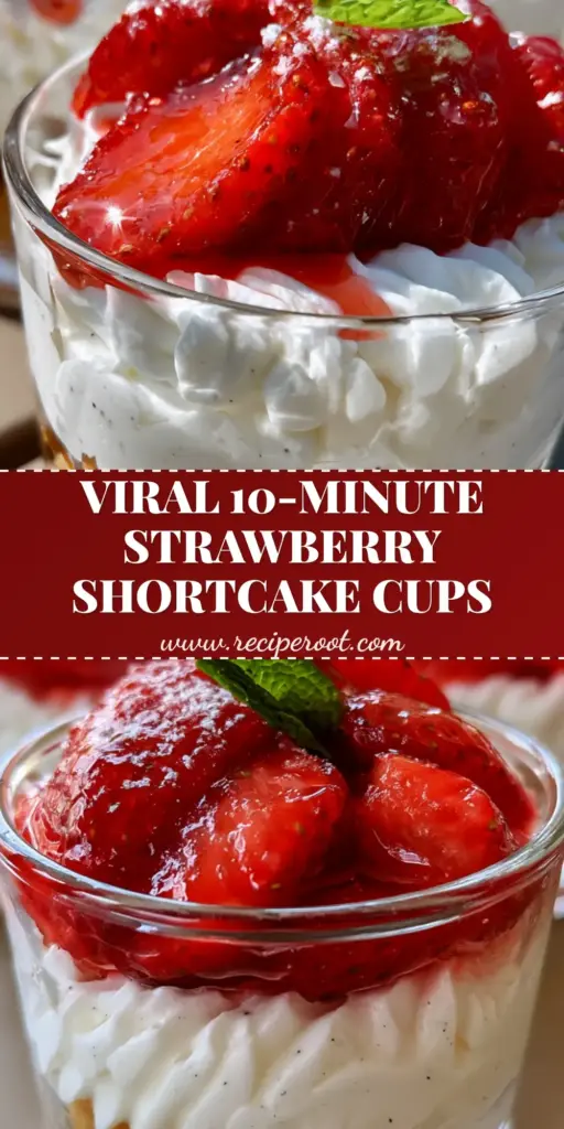 Three individual glass dessert cups filled with layers of shortbread crumbles, vanilla cream, and glossy strawberries. (Strawberry shortcake cup)