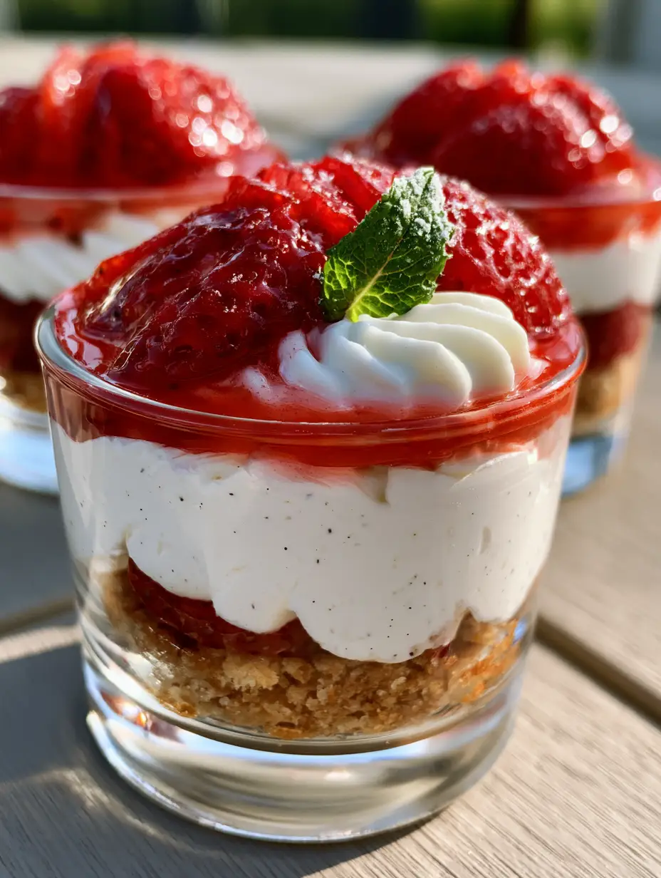 Close-up of a Strawberry shortcake cup showing visible vanilla bean specks in the cream and a glossy ruby glaze on the berries.