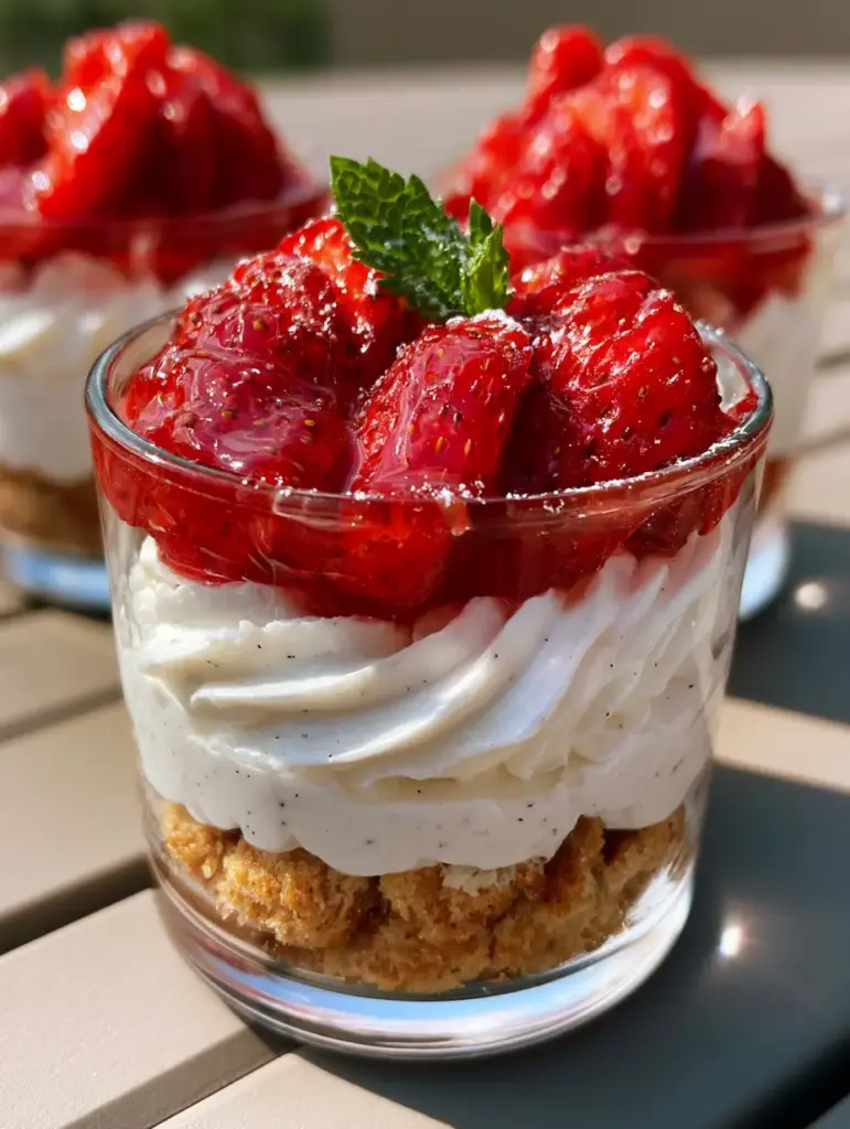 Handheld photo of three elegant Strawberry shortcake cups on a wooden outdoor table in soft summer daylight.