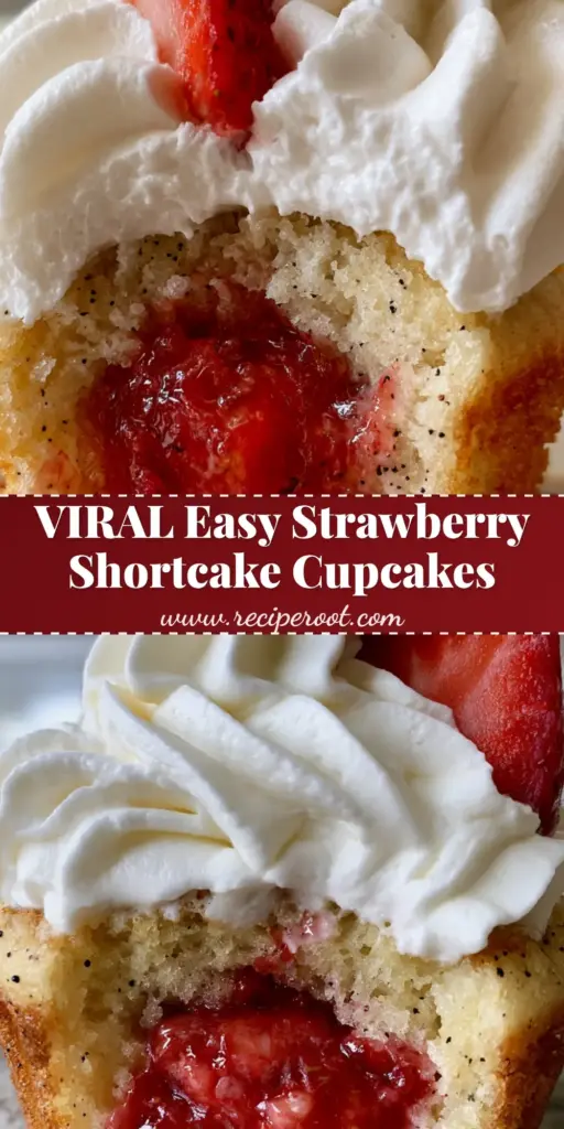 Strawberry Shortcake Cupcakes with Vanilla Bean Sponge and Oozing Strawberry Centers 4 A close-up of Strawberry Shortcake cupcakes with a massive swirl of whipped cream and a fresh strawberry wedge on a white liner.