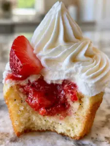 Extreme close-up of a Strawberry Shortcake cupcake bite showing the golden sponge with vanilla specks and oozing red strawberry filling.