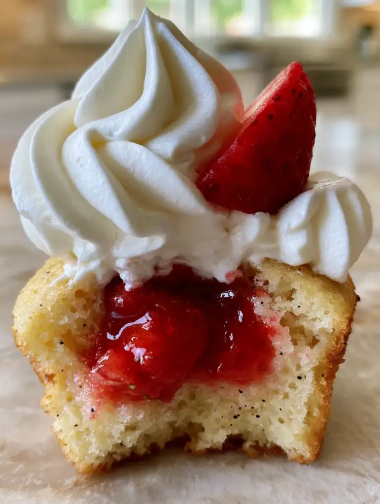 Strawberry Shortcake Cupcakes with Vanilla Bean Sponge and Oozing Strawberry Centers 1 Handheld photo of a Strawberry Shortcake cupcake with thick stabilized whipped cream and sharp peaks.