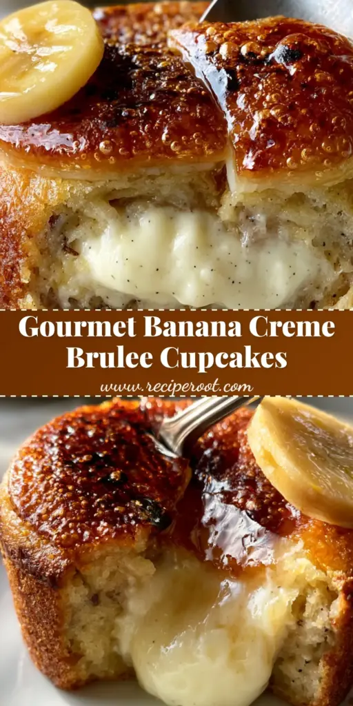 Banana Creme Brulee Cupcakes with Silky Vanilla Bean Pastry Cream 4 A stack of banana creme brulee cupcakes showing the shattered amber sugar crust and vanilla specks.