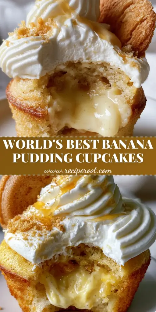 A close-up vertical shot of banana cream cupcakes with a thick pastry cream filling, white buttercream frosting, and a vanilla wafer garnish. (banana cream cupcakes)