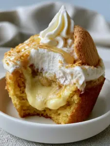 Extreme close-up eye-level shot of a single banana cream cupcake with a bite taken out, revealing the vanilla bean pastry cream layer. (banana cream cupcakes)