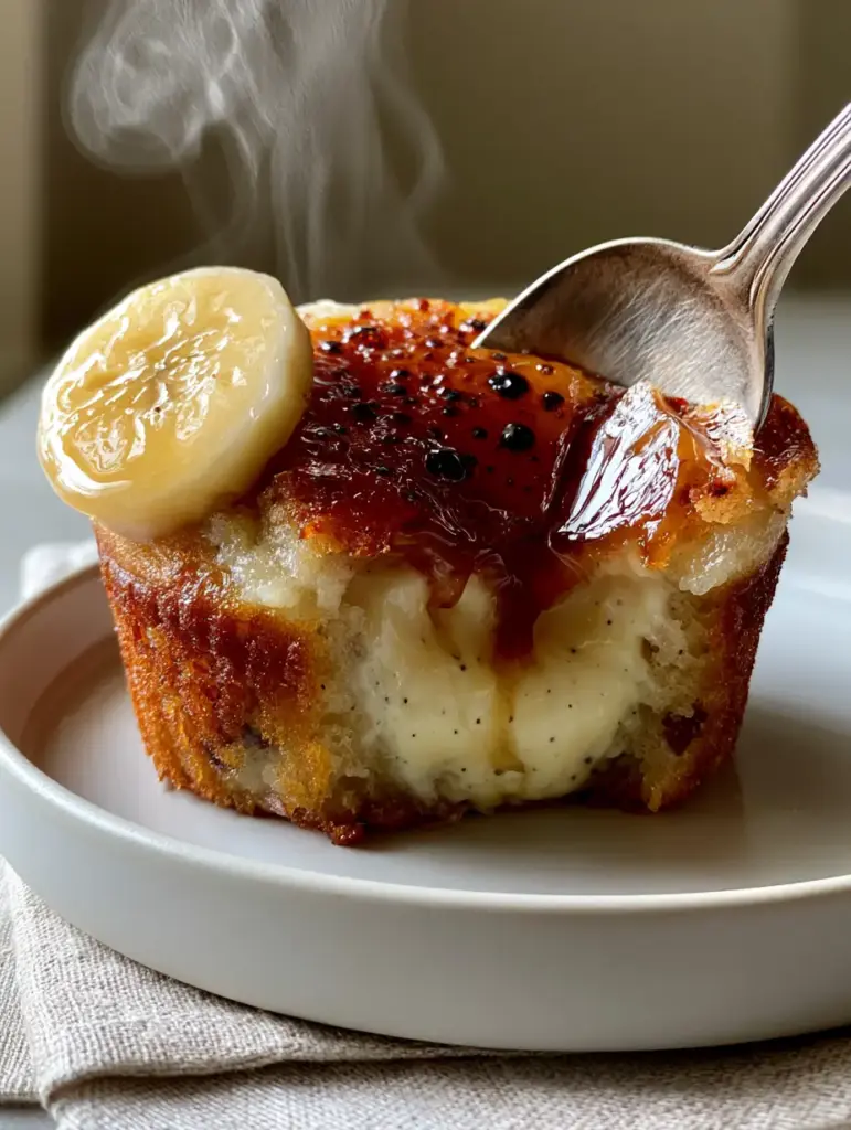 Banana Creme Brulee Cupcakes with Silky Vanilla Bean Pastry Cream 2 A close-up of a banana creme brulee cupcake sliced in half revealing the thick vanilla bean pastry cream core.