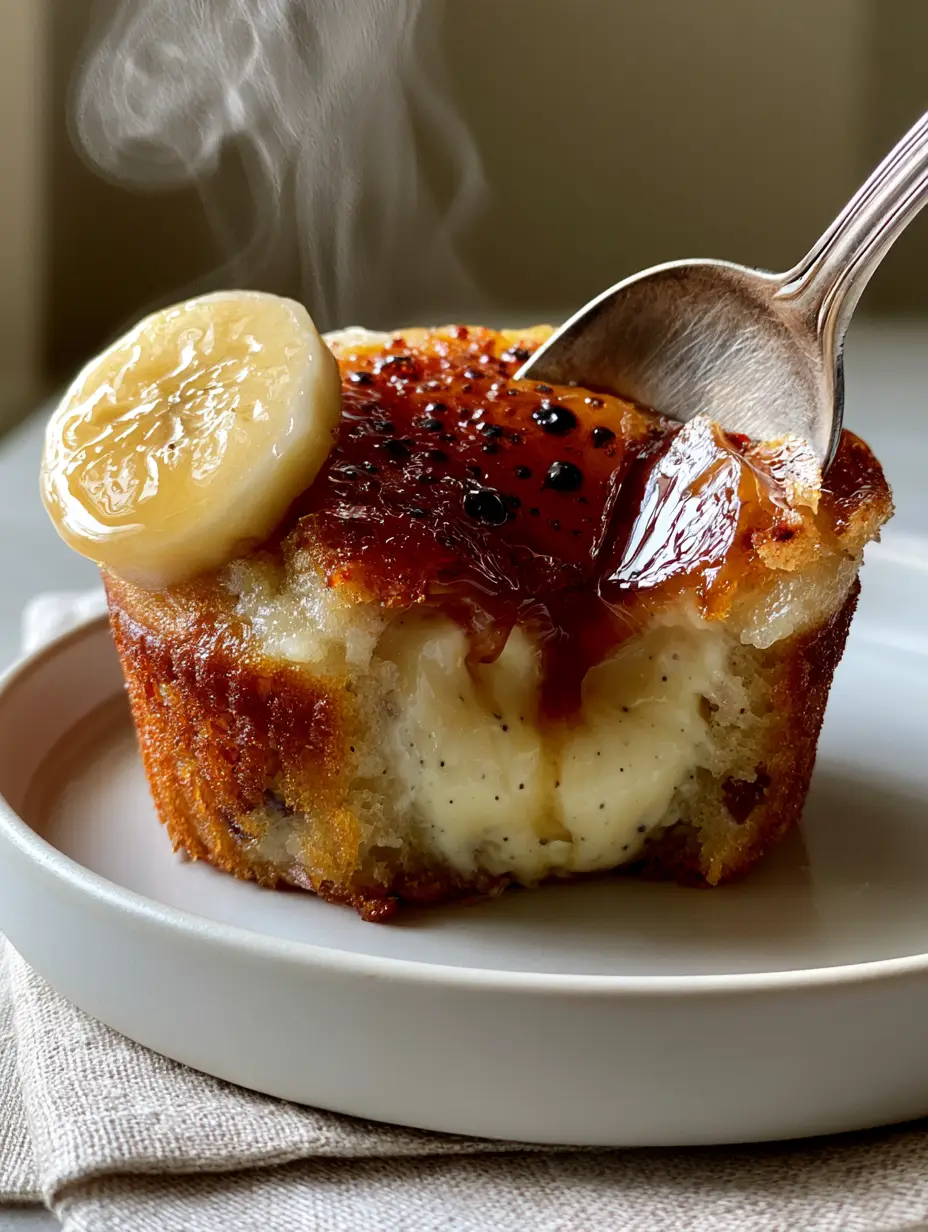 Banana Creme Brulee Cupcakes with Silky Vanilla Bean Pastry Cream 3 A close-up of a banana creme brulee cupcake sliced in half revealing the thick vanilla bean pastry cream core.