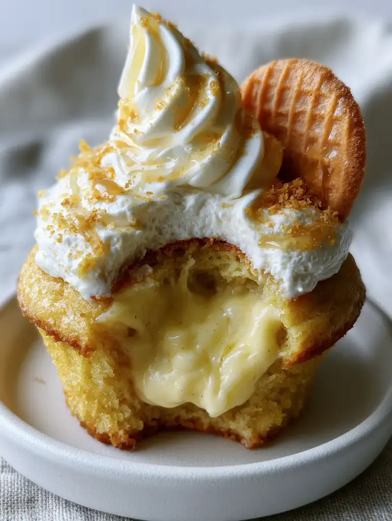 Eye-level shot of a banana cream cupcake showing the swirling white buttercream frosting, golden wafer cookie, and banana glaze drizzle.