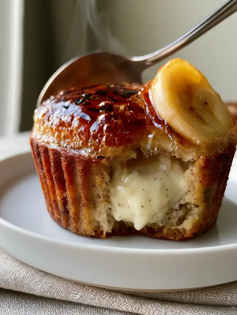 Banana Creme Brulee Cupcakes with Silky Vanilla Bean Pastry Cream 1 Gourmet banana creme brulee cupcakes with torch-char marks on an amber sugar crust.