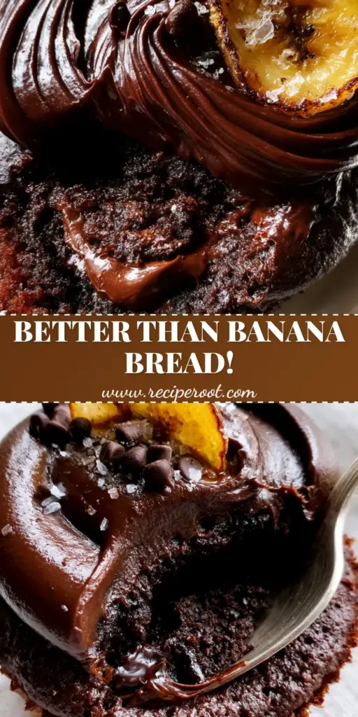 Chocolate Banana Cupcakes with Molten Centers and Glossy Ganache 4 A close-up vertical shot of chocolate banana cupcakes with a glossy ganache swirl and caramelized banana slice garnish.