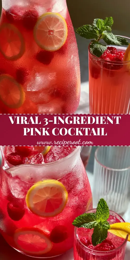 A refreshing Pink Lemonade Cocktail in a frosted glass pitcher with artisanal ice, lemon wheels, and raspberries on a marble table.