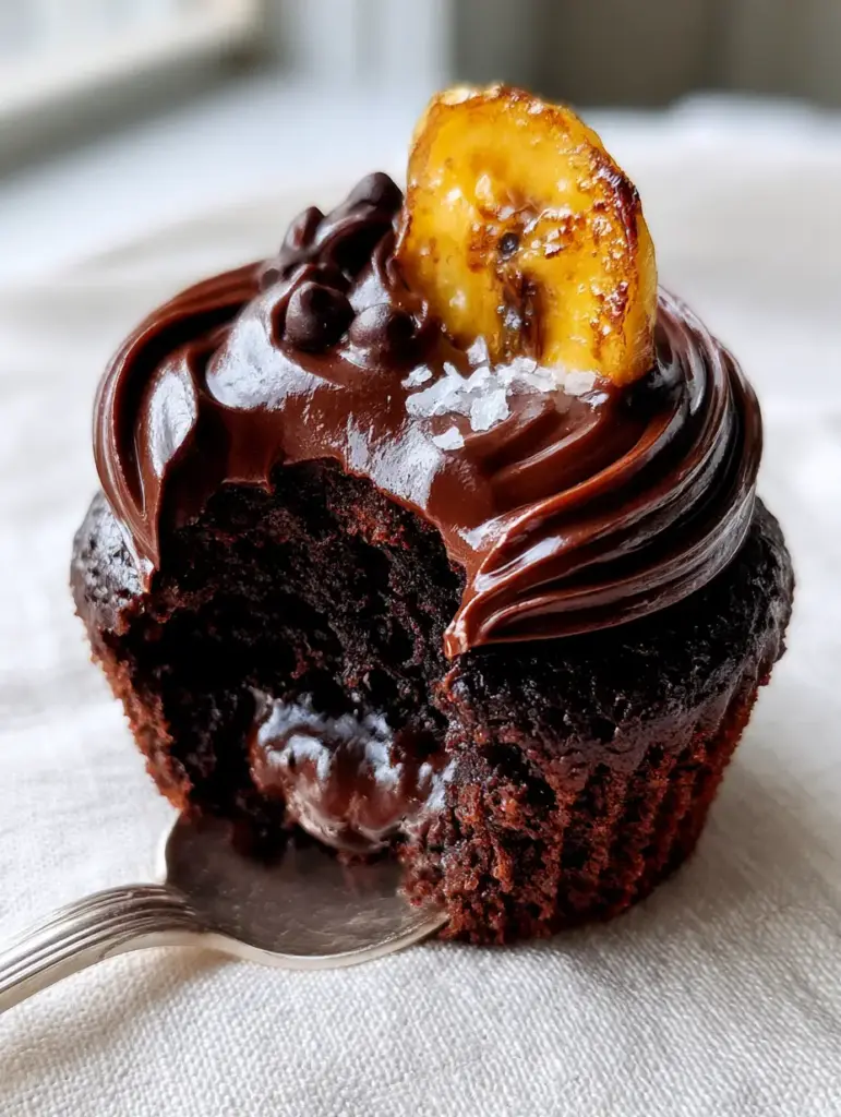 Chocolate Banana Cupcakes with Molten Centers and Glossy Ganache 2 A smartphone photo of a chocolate banana cupcake broken open with a silver spoon to reveal a molten chocolate center. (chocolate banana cupcakes)