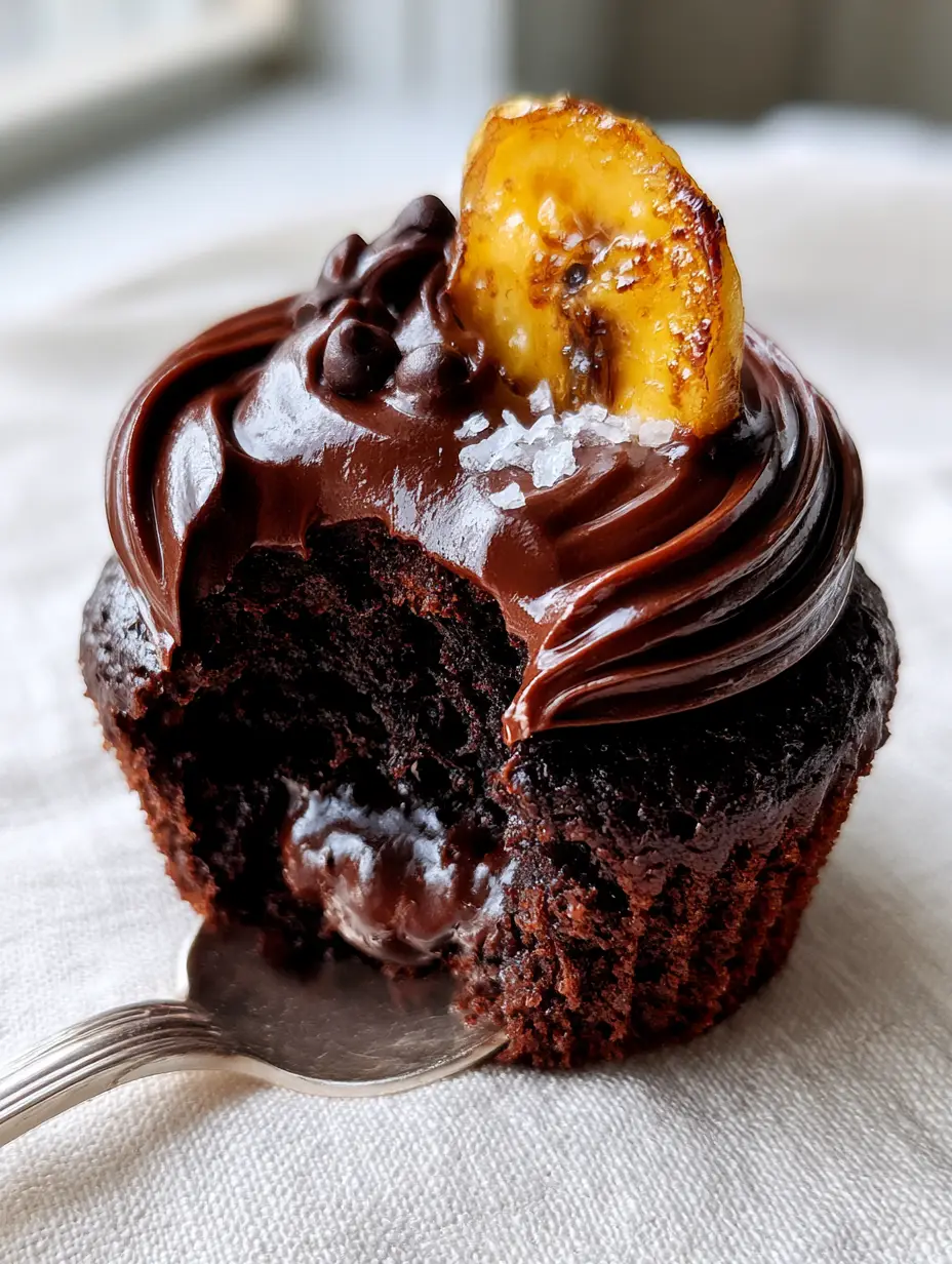 Chocolate Banana Cupcakes with Molten Centers and Glossy Ganache 3 A smartphone photo of a chocolate banana cupcake broken open with a silver spoon to reveal a molten chocolate center. (chocolate banana cupcakes)