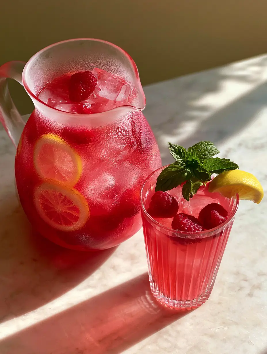 High-angle shot of a vibrant blush-pink lemonade cocktail pitcher with large clear ice and suspended fruit. (Pink Lemonade Cocktail)