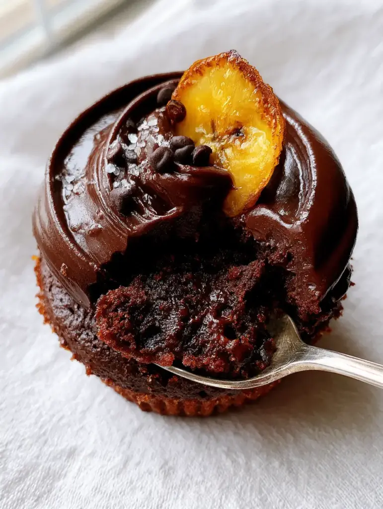 Chocolate Banana Cupcakes with Molten Centers and Glossy Ganache 1 High-angle view of chocolate banana cupcakes on a white linen surface with soft natural light.