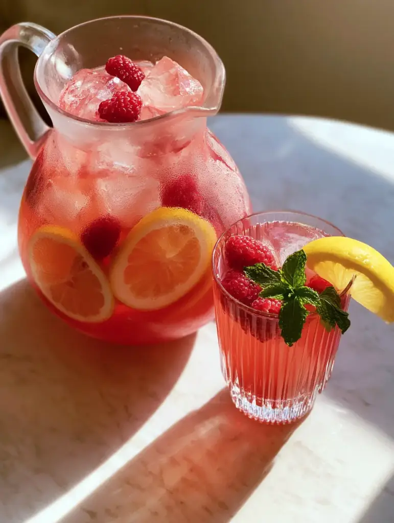 Ribbed highball glass filled with a pink lemonade cocktail garnished with mint and a lemon wedge on a marble surface.