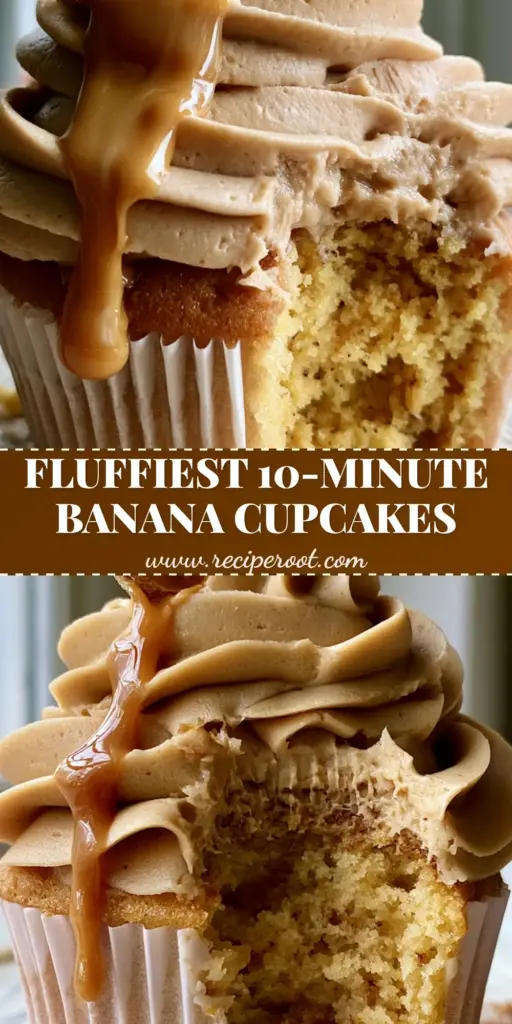 A massive architectural swirl of peanut butter buttercream on a banana cupcake with a glossy drizzle and banana chip. (Peanut Butter Banana Cupcakes)