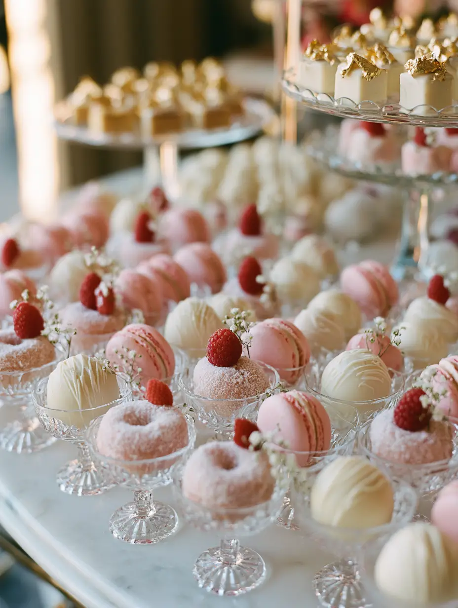 Wedding Sweets Table: How to Create a Lavish Crystal Dessert Display 3 Eye-level shot of a wedding sweets table with crystal cups and fresh raspberries.
