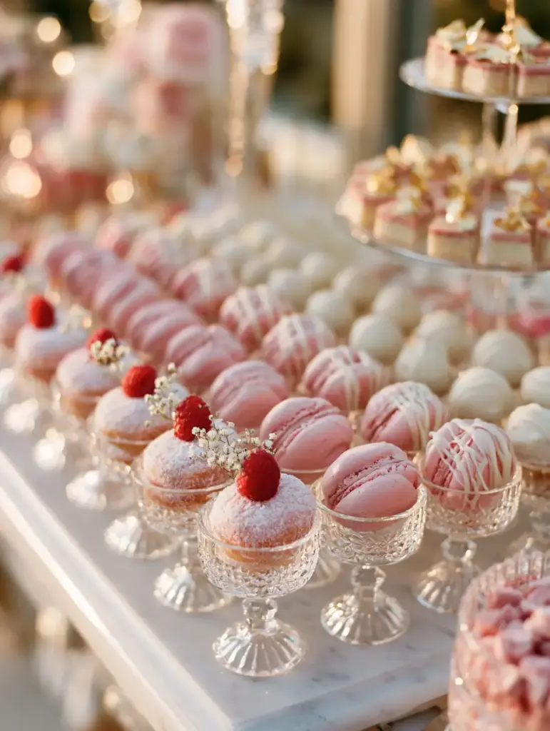 Wedding Sweets Table: How to Create a Lavish Crystal Dessert Display 1 Tiered crystal stands holding gold-leaf topped petit fours on a wedding sweets table.