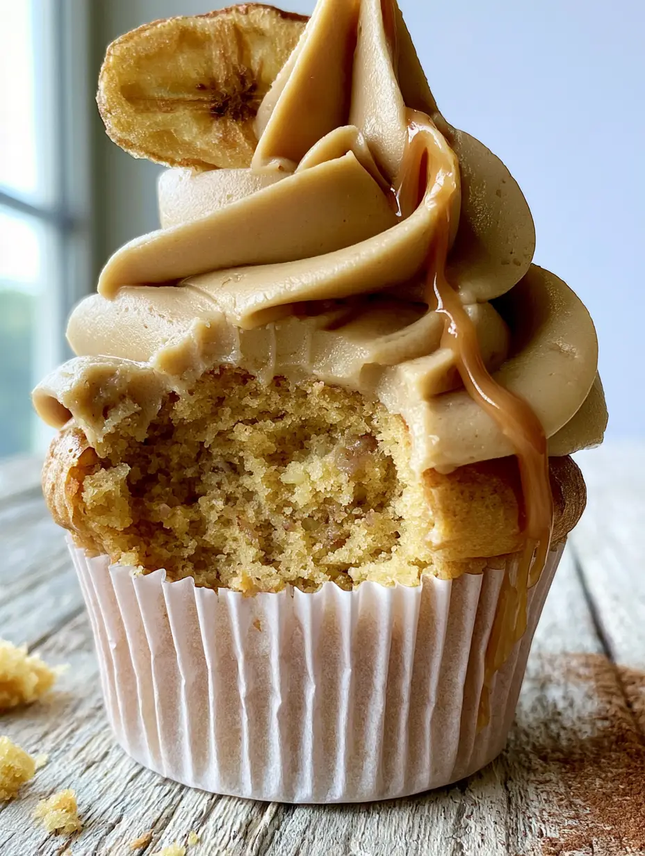 Macro close-up of a Peanut Butter Banana Cupcake with a bite taken out revealing an ultra-fluffy golden-yellow crumb. (Peanut Butter Banana Cupcakes)