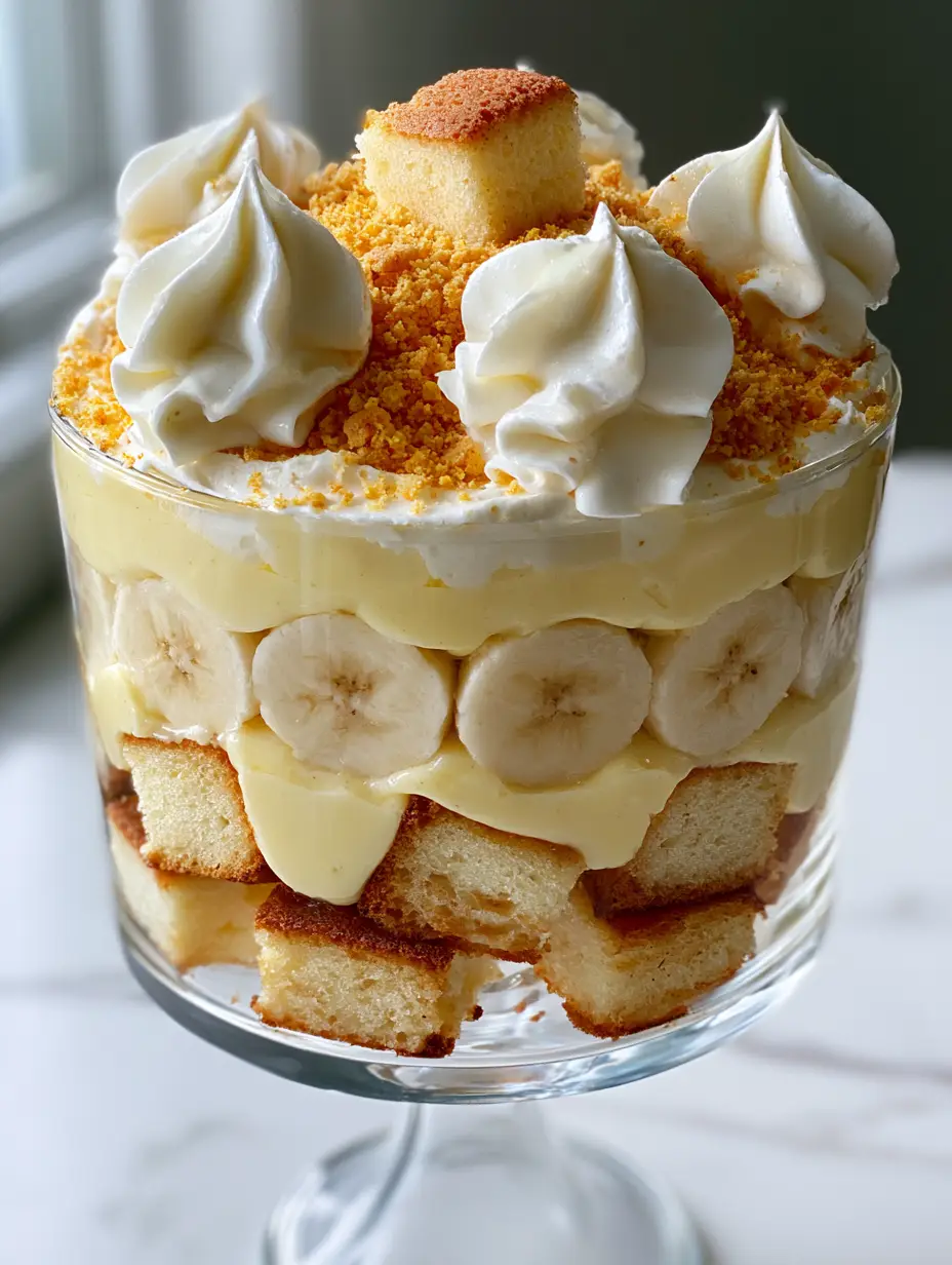Pound Cake Banana Pudding: The Ultimate Gourmet Southern Trifle 3 A tall glass pedestal bowl filled with layers of toasted pound cake banana pudding and vanilla bean custard.