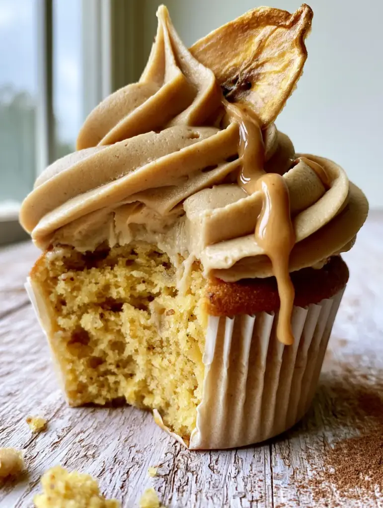 A thick, matte-finish peanut butter buttercream swirl with a glossy drizzle and a single banana chip garnish. (Peanut Butter Banana Cupcakes)