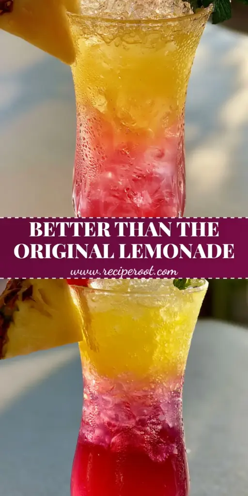 A tall fluted crystal glass showing the vibrant layered Pineapple Pink Lemonade with fuchsia and yellow colors, garnished with a pineapple wedge and mint. (Pineapple Pink Lemonade)