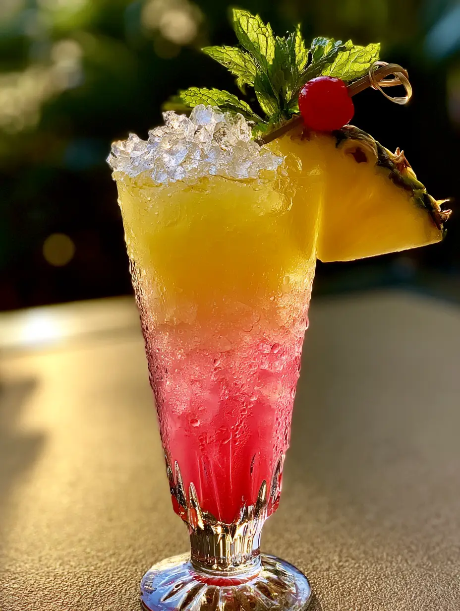 Close up of Pineapple Pink Lemonade in golden hour sunlight showing condensation and crushed ice. (Pineapple Pink Lemonade)
