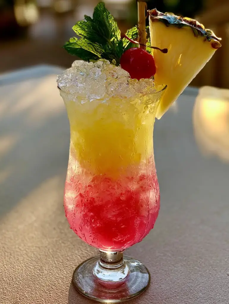 Top view of Pineapple Pink Lemonade with fresh mint sprig and maraschino cherry garnish.