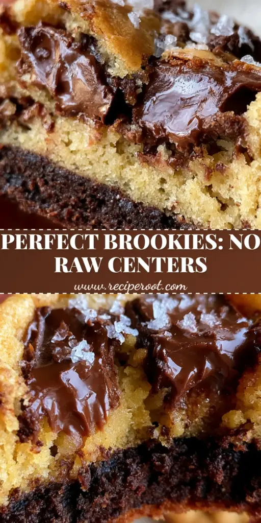 A close-up vertical shot of stacked brookie cookies showing the dark brownie base and golden chocolate chip top with flaky salt. (brookie cookies)