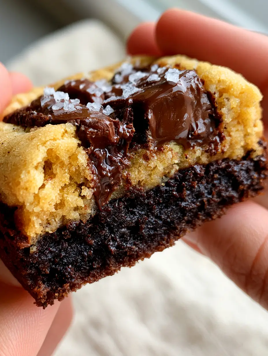 Macro shot of a broken-in-half brookie cookie revealing a fudgy dark brownie layer and a golden chocolate chip layer. (brookie cookies)