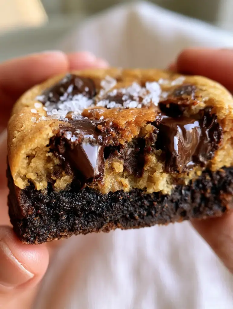 A top-down view of freshly baked brookie cookies with glistening chocolate chunks and flaky sea salt on a linen background.