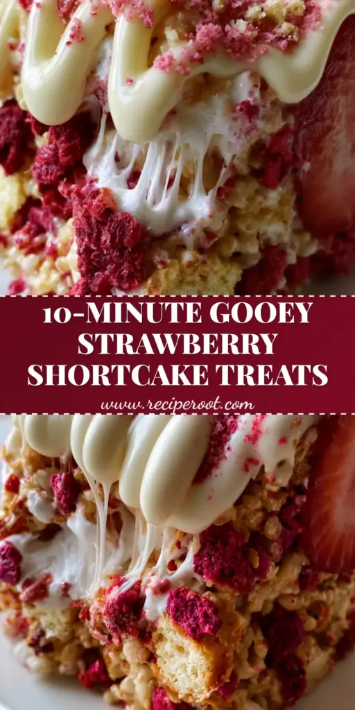 Strawberry Shortcake Rice Krispie Treats with White Chocolate and Golden Oreos 4 A thick, gourmet Strawberry shortcake rice krispie treat being pulled apart to reveal gooey marshmallow strands with strawberry powder and white chocolate drizzle.