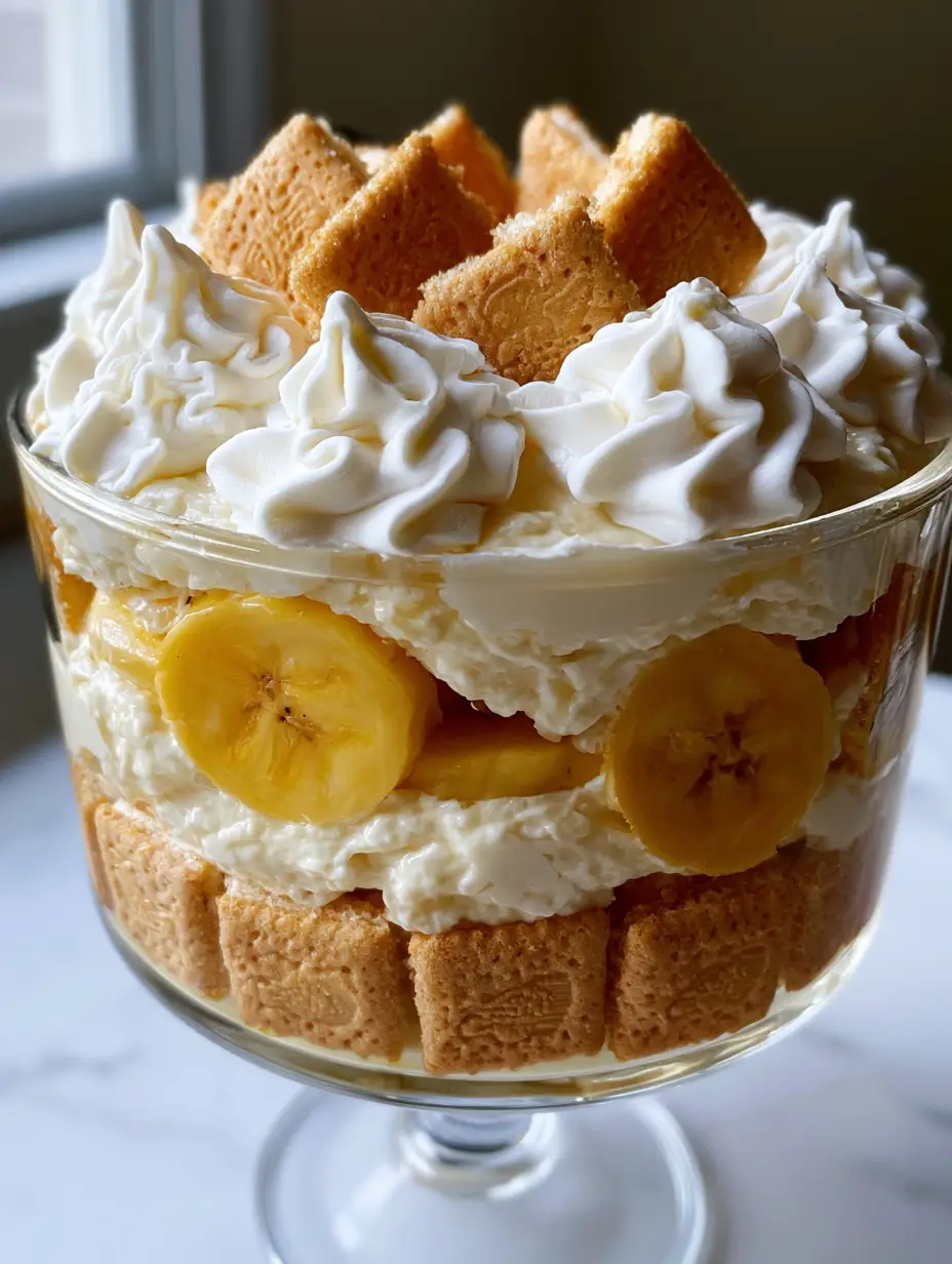 Paula Deen’s Banana Pudding: The Ultimate Creamy Southern Trifle with Chessmen Cookies 3 A high-end clear glass trifle bowl filled with thick Southern banana pudding and firm yellow banana slices. (Paula Deen’s Banana Pudding)