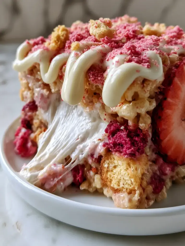 Strawberry Shortcake Rice Krispie Treats with White Chocolate and Golden Oreos 2 Extreme close-up macro photography of Strawberry shortcake rice krispie treats showing a dense mosaic of cereal, Golden Oreos, and red strawberry pieces.