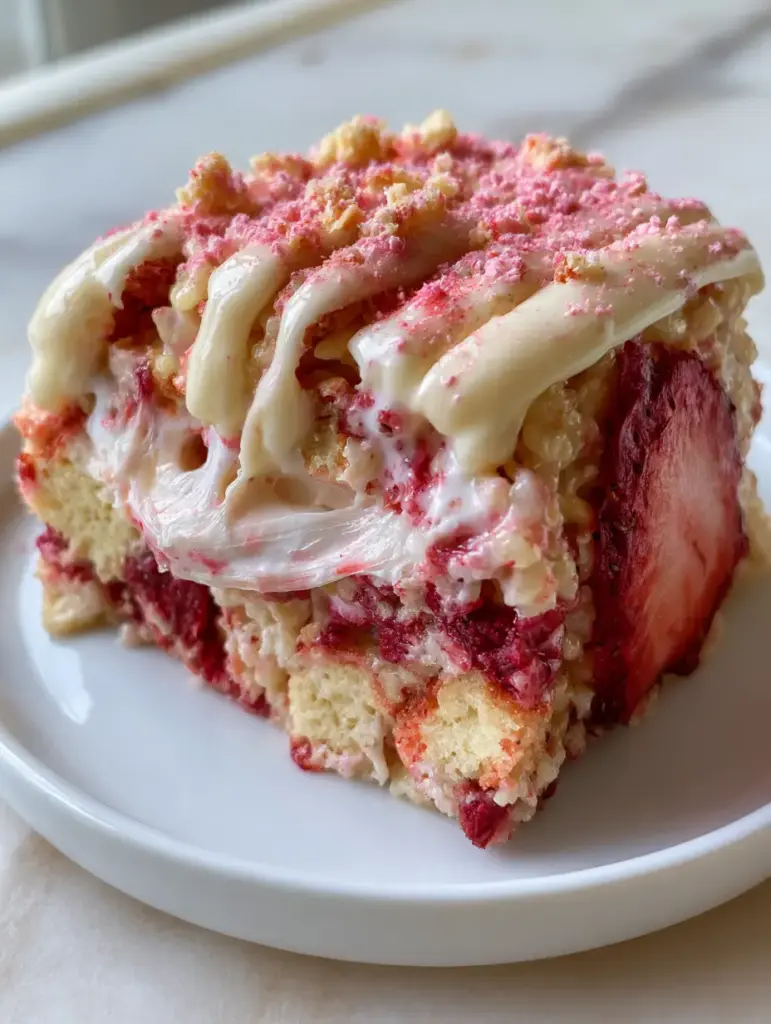 Strawberry Shortcake Rice Krispie Treats with White Chocolate and Golden Oreos 1 A gourmet Strawberry shortcake rice krispie treat plated on a white saucer with a thick white chocolate drizzle and pink strawberry dust.