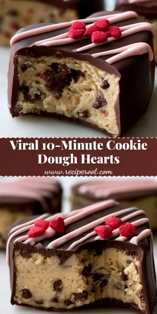 Chocolate Covered Cookie Dough Hearts with a Matte Dark Chocolate Shell 3 A close-up of three chocolate covered cookie dough hearts with a pink drizzle and red heart sprinkles on a marble background.
