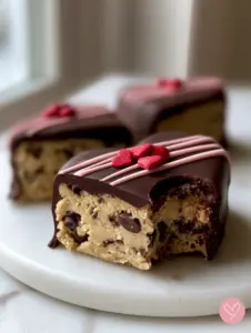 Macro view of three heart-shaped chocolate treats showing a dense, pale tan cookie dough interior with mini chips and a matte dark chocolate shell. (chocolate covered cookie dough hearts)