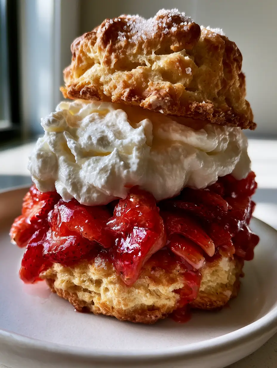 Strawberry shortcake biscuits with Macerated Berries and Homemade Cream 3 Macro photo of golden-brown buttermilk drop biscuit with jagged edges and turbinado sugar. (strawberry shortcake biscuits)